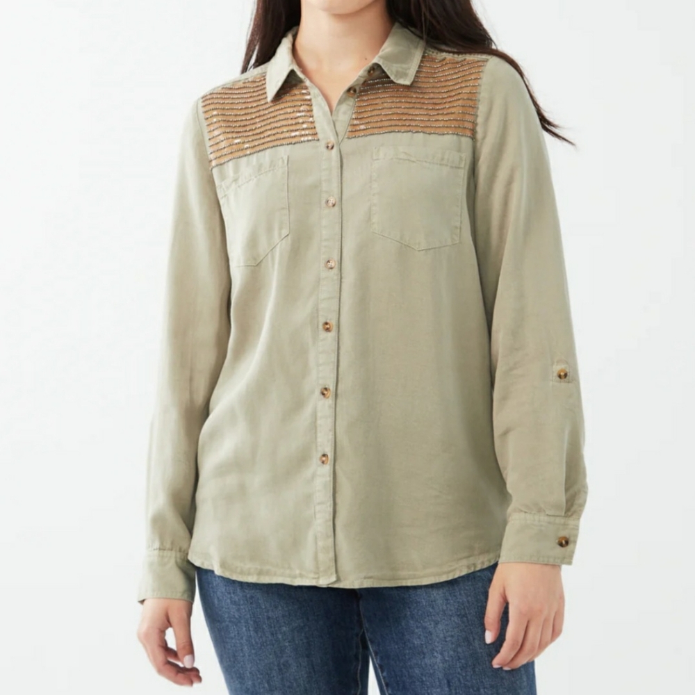 FDJ Women's Size M French Dressing Jeans Sage Button Up Beaded Top Collared NWT